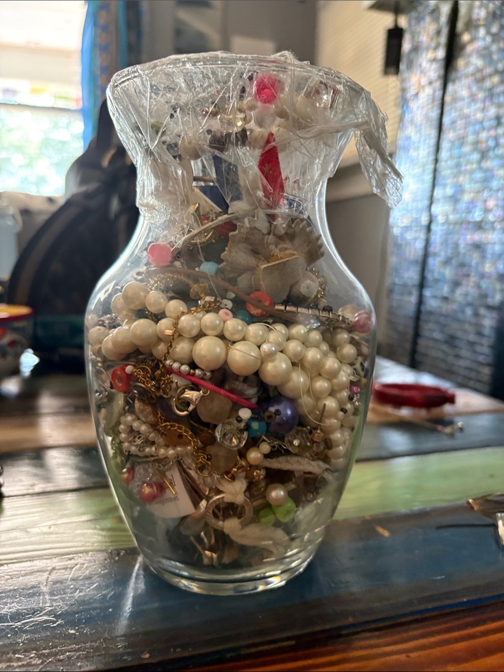 Clear Decorative Glass Vase with White and Multicolor Jewelry Accents